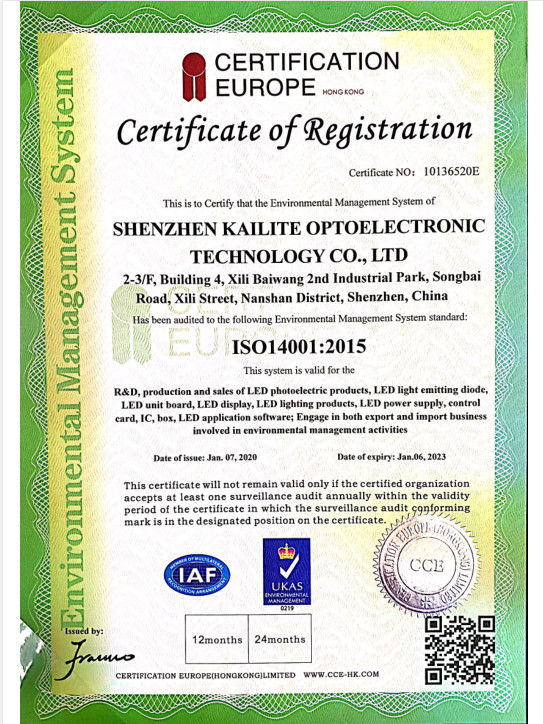 China SHENZHEN KAILITE OPTOELECTRONIC TECHNOLOGY CO., LTD Certification